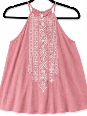 Abercrombie & Fitch Boho Embroidered Gauze Halter Tank Top XS Pink Cottagecore